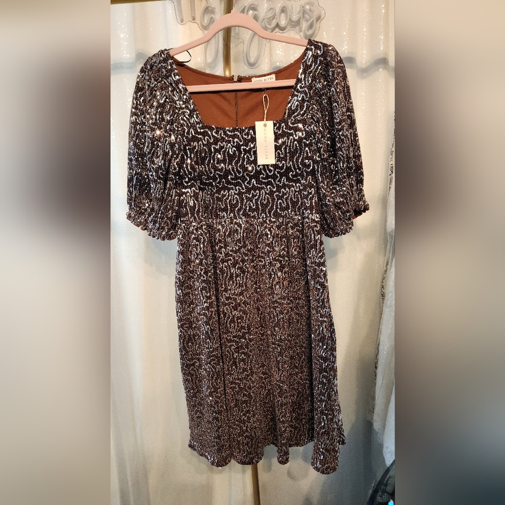 NWT Size M Anthropologie Moon River Sequin Babydoll Mini Dress Brown Silver - Picture 5 of 6